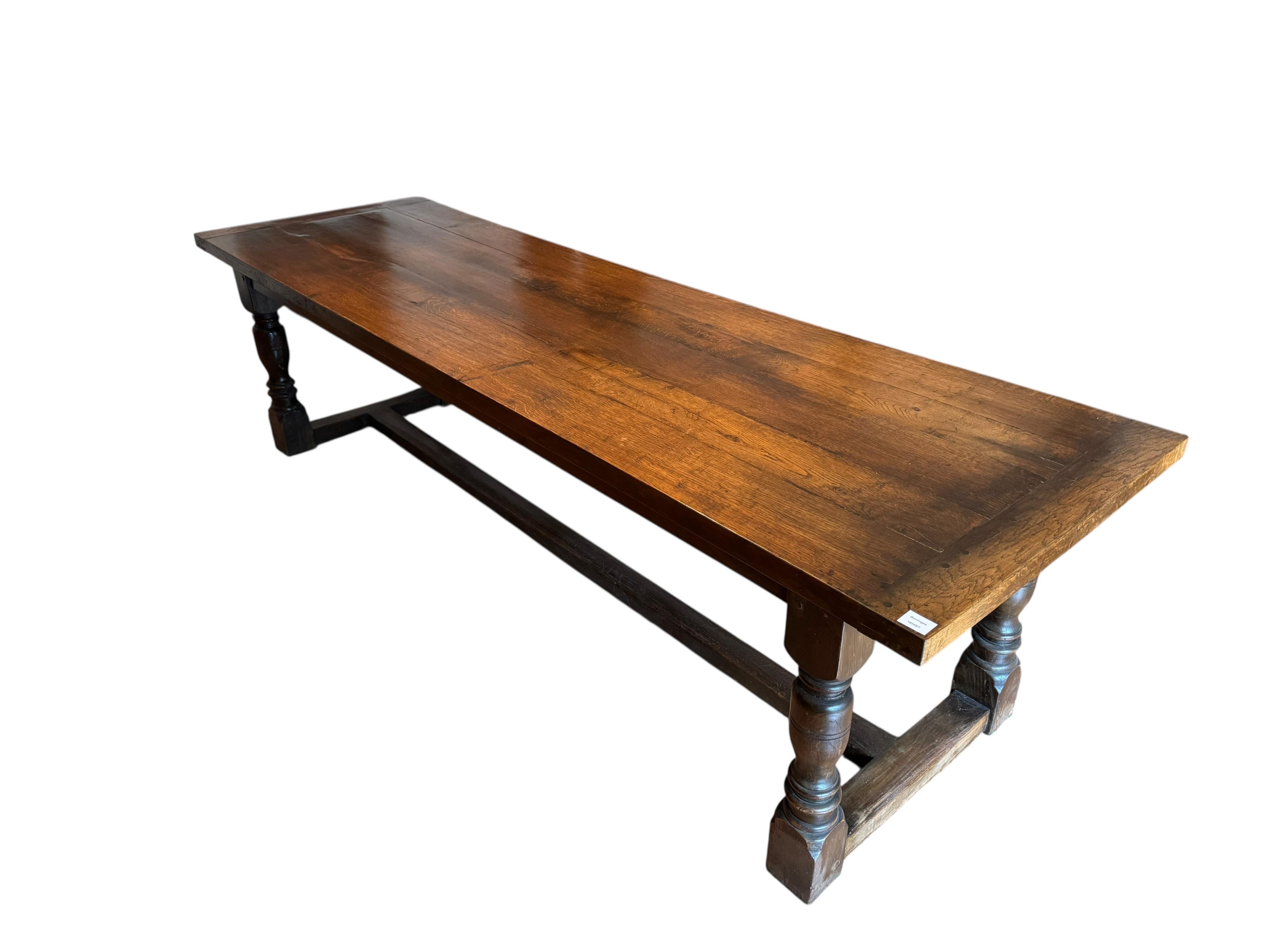 An 18th century style rectangular oak Bevan Funnel mahogany table, width 274cm, depth 83cm, height 74cm